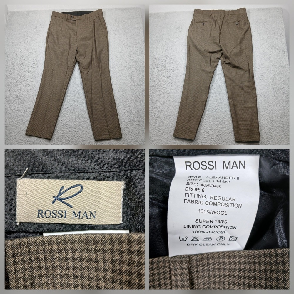 Rossi Man Wool Dress Pants Mens 40R x34 Brown Check Super‎ 150s